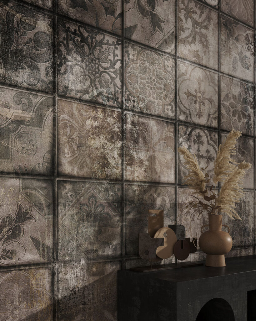 Fliesen Tapete Textur mit Mustern in Grau-Beige-Tönen für Schlafzimmer