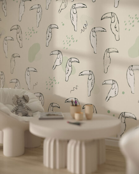 Tapete Muster mit bemalten Tukanen auf hellbeigem dekorativem Hintergrund fürs Kinderzimmer