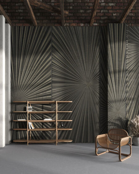3D-Tapete mit der Textur von konvergierenden Linien in dunklen Grautönen für Wohnzimmer