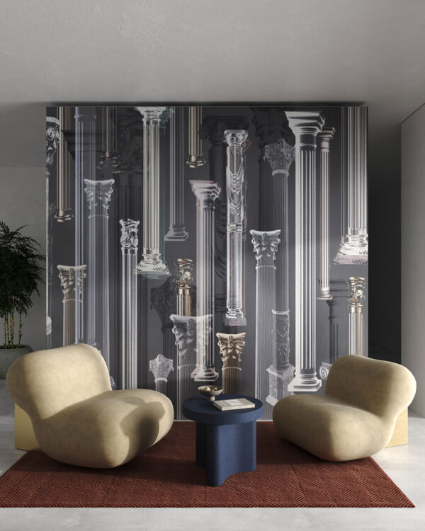 Exklusive 3D-Tapete mit griechischen Säulen in verschiedenen Formen in Grautönen für Wohnzimmer