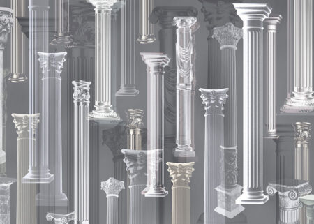 Exklusive 3D-Tapete mit griechischen Säulen in verschiedenen Formen in Grautönen