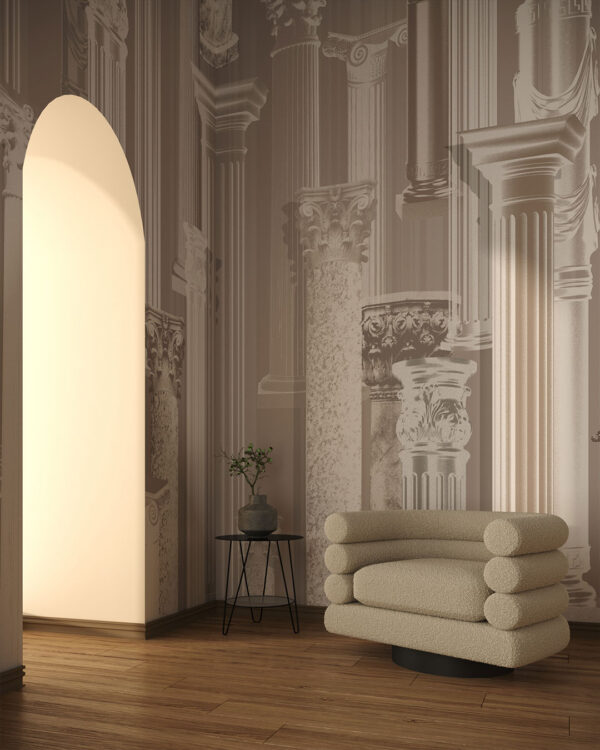 Exklusive 3D-Tapete mit griechischen Säulen in verschiedenen Formen in Beigetönen für Wohnzimmer