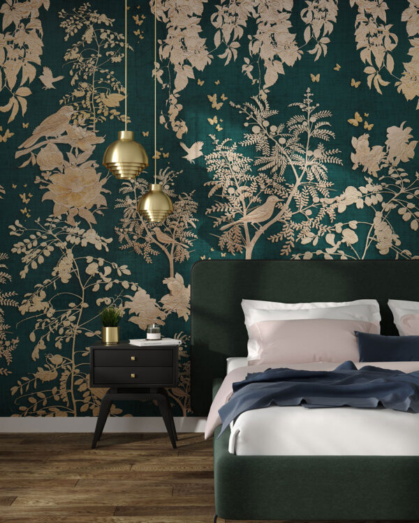 Designer Fototapete mit aus Holz geschnitzten Blumen, Vögeln und Schmetterlingen auf einem dunkeltürkisen strukturierten Hintergrund für das Schlafzimmer