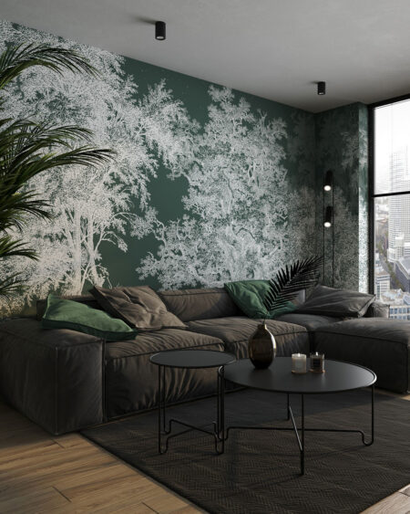 Exklusive Tapete mit gravierten Bäumen auf dunkelgrünem Hintergrund für Wohnzimmer