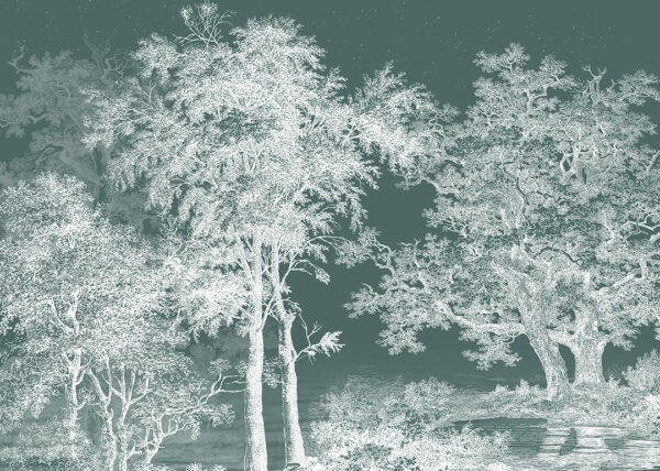 Exklusive Tapete mit gravierten Bäumen auf dunkelgrünem Hintergrund