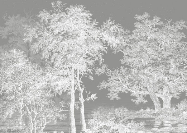 Exklusive Tapete mit gravierten Bäumen auf grauem Hintergrund