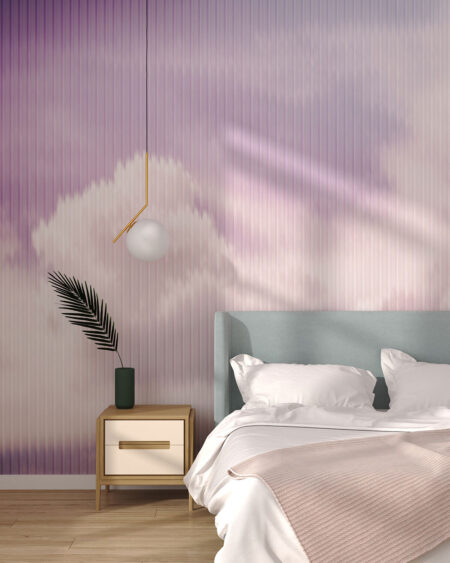 Tapete Wolken in Rosa- und Lilatönen auf strukturiertem Hintergrund mit gestreiftem Relief für Schlafzimmer