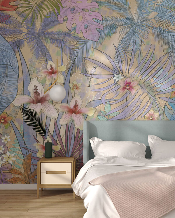 Fototapete mit tropische Blätter, Palmen und anderen Pflanzen mit bunten Farben bemalt für Schlafzimmer