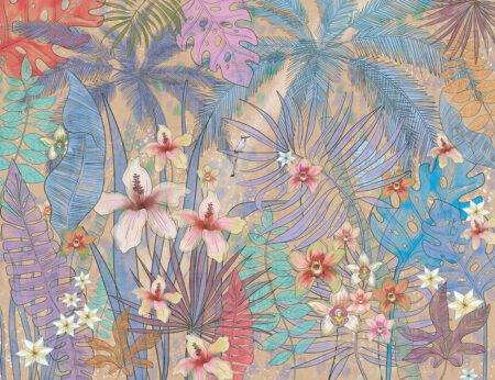 Fototapete mit tropische Blätter, Palmen und anderen Pflanzen mit bunten Farben bemalt auf beigem Hintergrund