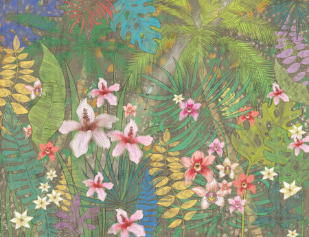 Helle tropische Blätter und Blumen Fototapete auf dunklem Hintergrund