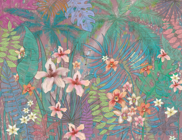 Fototapete mit tropische Blätter, Palmen und anderen Pflanzen mit bunten Farben bemalt auf lila-rosa Hintergrund