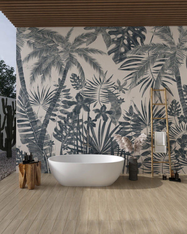 Fototapete mit einem dunkelgrauen Bild von tropische Blätter, Palmen und anderen Pflanzen für Badezimmer