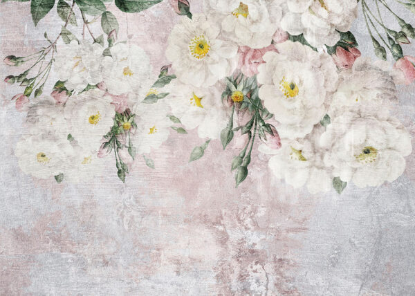 Vintage Tapete mit einem Strauß Teerosen auf strukturiertem Hintergrund in Grau-Rosa-Tönen