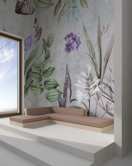 Designer Fototapete mit lila Blüten, anderen Pflanzen und großen Blättern von oben auf grauem Hintergrund fürs Wohnzimmer