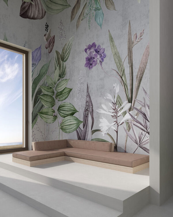 Designer Fototapete mit lila Blüten, anderen Pflanzen und großen Blättern von oben auf grauem Hintergrund fürs Wohnzimmer