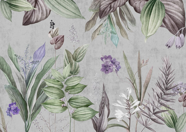 Designer Fototapete mit lila Blüten, anderen Pflanzen und großen Blättern von oben auf grauem Hintergrund