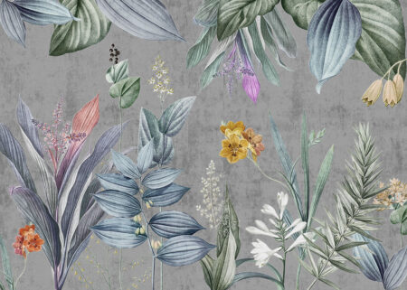 Graue große botanische Fototapete mit leuchtenden Blumen