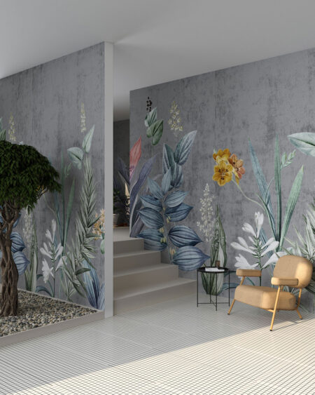Designer Fototapete mit gelben Blumen und anderen Pflanzen auf dunkelgrauem Hintergrund fürs Wohnzimmer