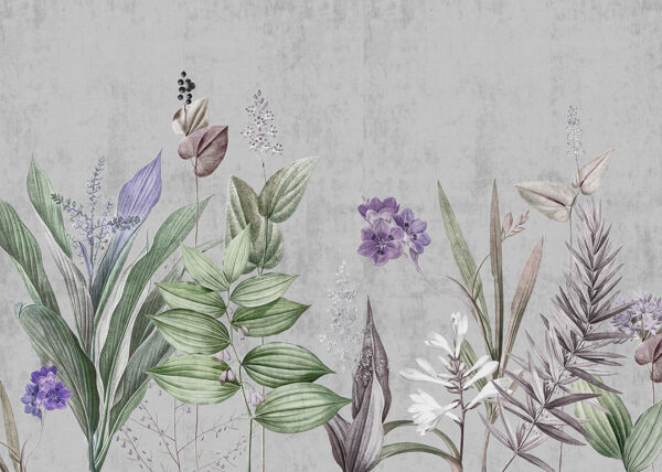 Designer Fototapete mit lila Blüten und anderen Pflanzen auf grauem Hintergrund