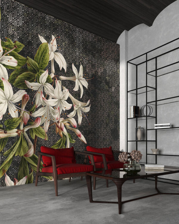 Designer 3D Tapete mit Lilien auf dekorativem Hintergrund mit Muster in dunklen Grautönen fürs Wohnzimmer