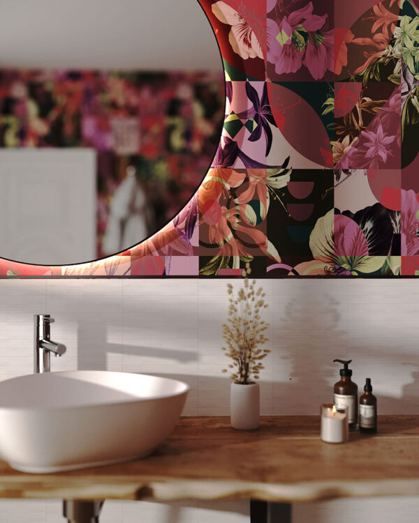Fototapete Geometrie mit Blumen im Mosaikstil in Rosa-, Korallen- und Grautönen für Badezimmer