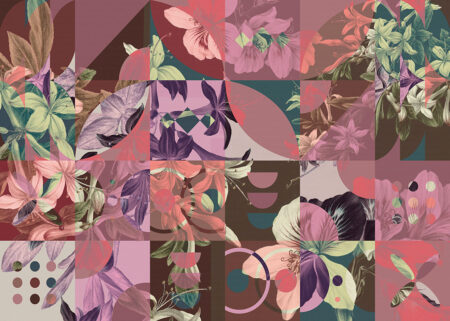 Fototapete Geometrie mit Blumen im Mosaikstil in Rosa-, Korallen- und Grüntöne