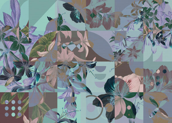 Fototapete Geometrie mit Blumen im Mosaikstil in Lila-, Dunkelgrün- und Grautönen