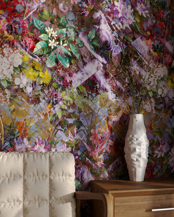 Exklusive Fototapete mit bunten Vintage-Blumen in leuchtenden Farben bemalt für das Schlafzimmer