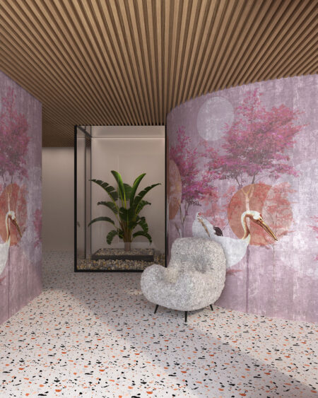 Fototapete mit japanische Kraniche und rosa Bäumen auf dekorativem Hintergrund mit Kreisen für Wohnzimmer