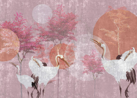 Fototapete mit japanischen Kranichen und rosa Bäumen auf dekorativem Hintergrund in hellen Lilatönen mit Kreisen
