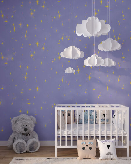 Kindertapete mit kleinen Sternen auf lila-blauem Hintergrund fürs Babyzimmer