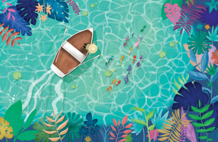 Kindertapete mit einem Boot, in dessen Nähe bunte Fische vor einem Hintergrund leuchtender tropischer Blätter schwimmen