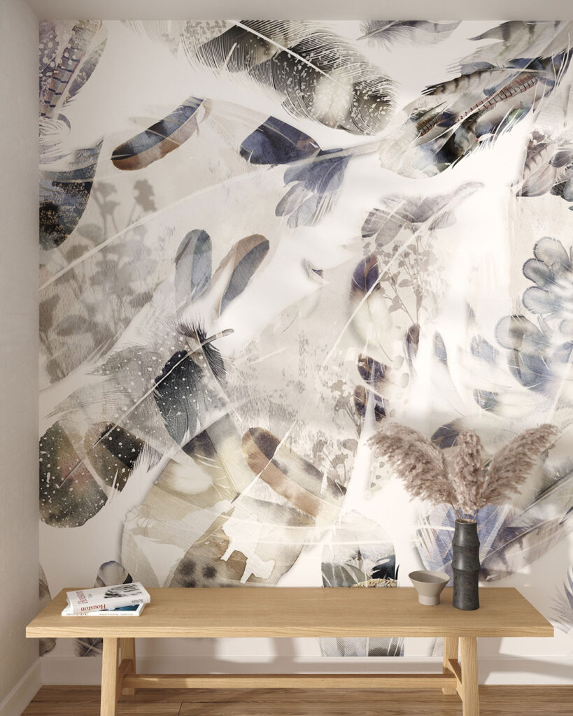 Designer-Fototapete mit großen Federsilhouetten, die andere Federn auf weißem Hintergrund darstellen für das Schlafzimmer
