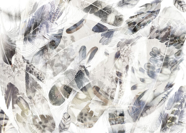 Designer-Fototapete mit großen Federsilhouetten, die andere Federn auf weißem Hintergrund mit Wellenlinien darstellen