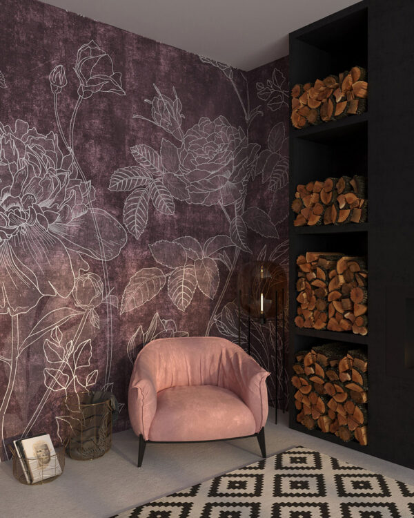 Designer Fototapete graviert mit großen Pfingstrosen auf einem braun-rosa dekorativen Hintergrund für das Schlafzimmer