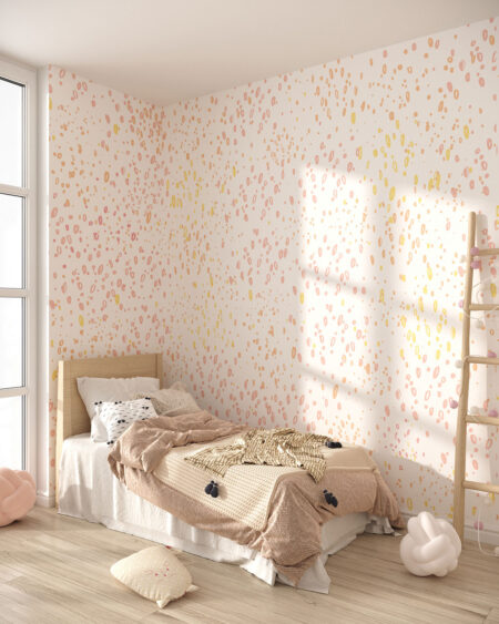 Fototapete mit Punktmuster in hellen Rosa- und Gelbtönen auf weißem Hintergrund fürs Kinderzimmer