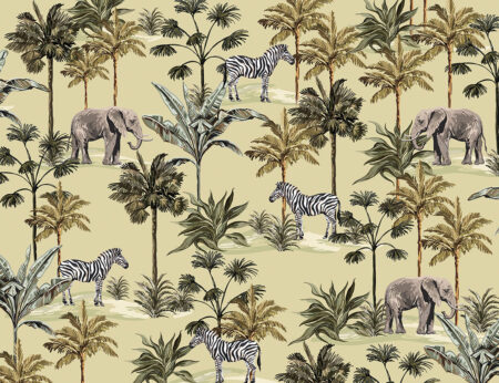 Fototapete Afrika mit Elefanten, Zebras und Palmen Muster auf hellolivfarbenem Hintergrund