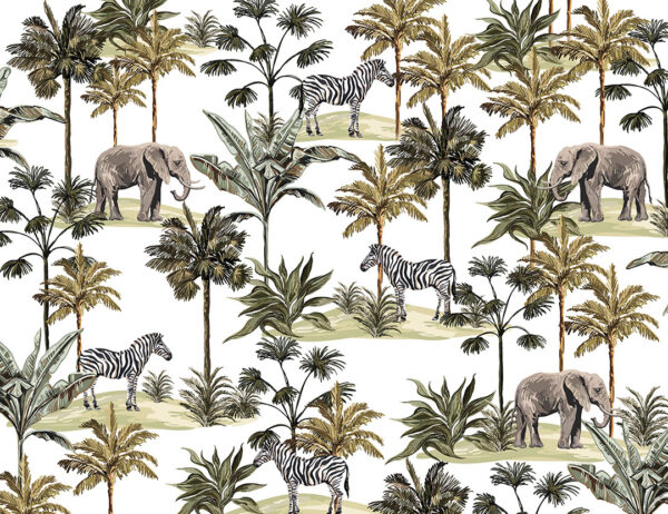 Fototapete Afrika mit Elefanten, Zebras und Palmen Muster auf weißem Hintergrund