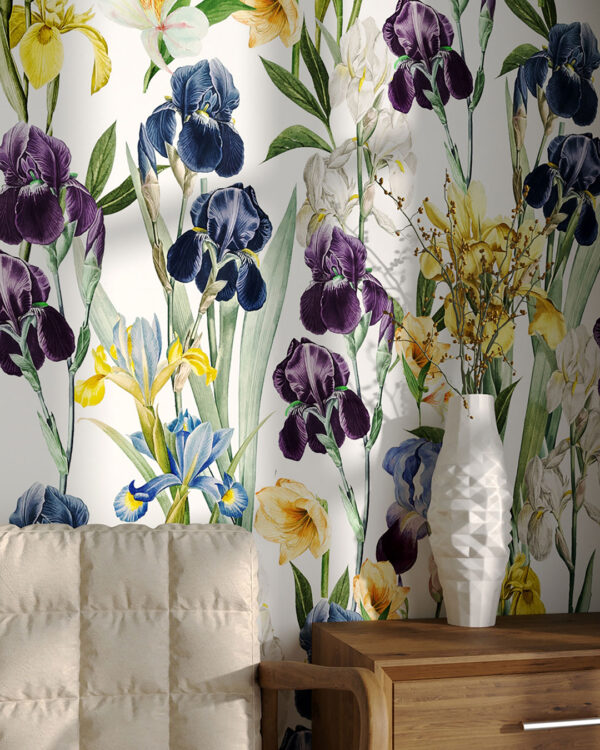 Fototapete bunte Iris in leuchtenden Farben auf weißem Hintergrund für Schlafzimmer