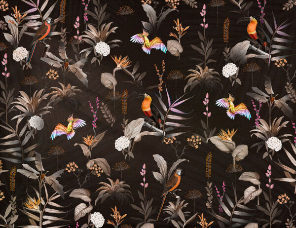 Fototapete mit bunten Papageien und Tukanen Muster auf braun-schwarzem Hintergrund verziert mit tropische Blätter