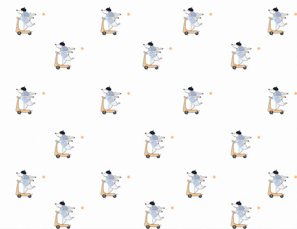 Kindertapete Hund mit hellorange Rollern Muster auf weißem Hintergrund
