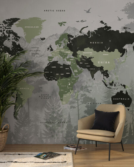 Fototapete Designer Weltkarte in Schwarz- und Grüntönen auf grauem Hintergrund mit Silhouetten von Wald, Bergen und fliegenden Vögeln für Wohnzimmer