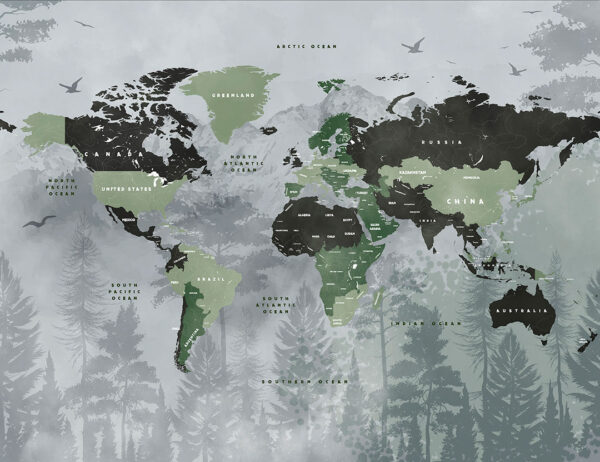 Fototapete Designer Weltkarte in Schwarz- und Grüntönen auf grauem Hintergrund mit Silhouetten von Wald, Bergen und fliegenden Vögeln