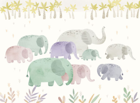 Kindertapete mit bunten Elefanten auf hellem Hintergrund mit Palmen und Pflanzen
