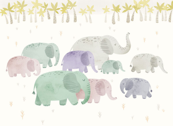 Kindertapete mit bunten Elefanten auf hellem Hintergrund mit Palmen