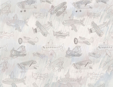 Kindertapete mit Skizzen verschiedener Flugzeuge in Grautönen Muster auf gemaltem graubeige Hintergrund
