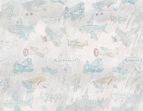Kindertapete mit Skizzen verschiedener Flugzeuge in Blautönen Muster auf gemaltem grau-beige Hintergrund
