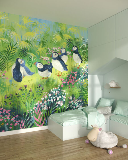 Fototapete mit gemalten Papageientaucher auf buntem Hintergrund in hellgrünen Tönen fürs Kinderzimmer