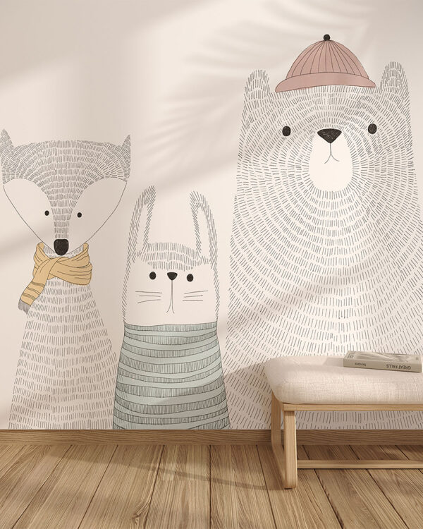 Tapete mit einem Fuchs im Schal, einem Hasen im Pullover und einem Bären im Hut auf weißem Hintergrund fürs Kinderzimmer