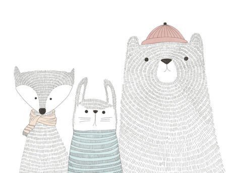 Kindertapete mit einem Fuchs im Schal, einem Hasen im Pullover und einem Bären im Hut auf weißem Hintergrund